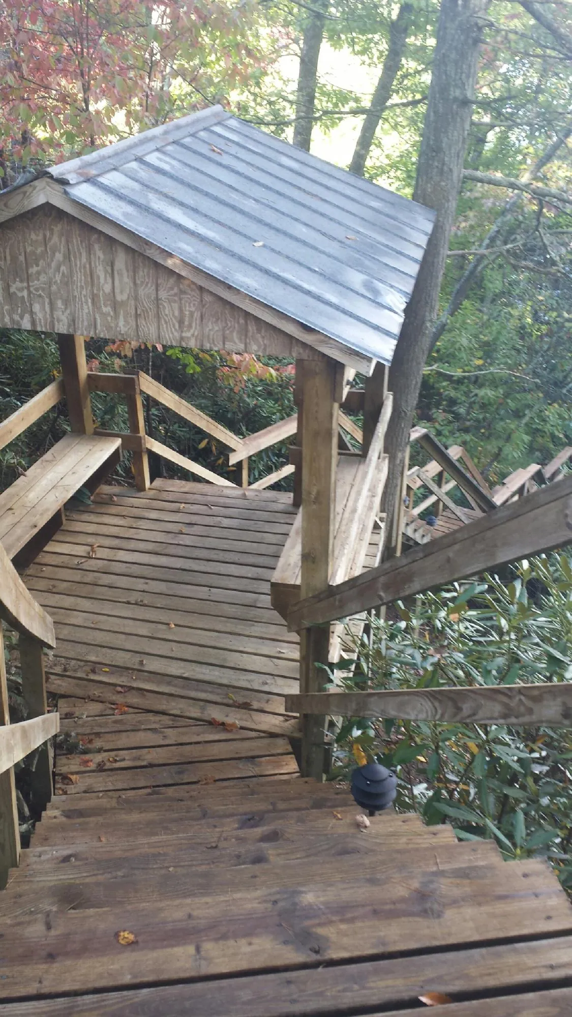 Metal roofed shelter over wooden steps on a wooded walkway — Skylight Repair & Installation work by our crew in Youngwood
